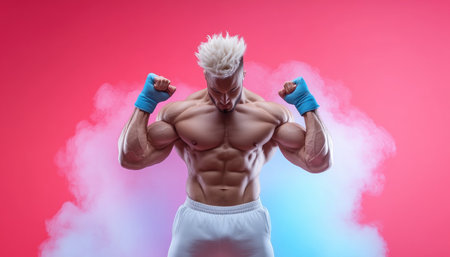 A bold and vibrant image captures the essence of power and confidence A muscular man, radiating strength and style, stands tall in a symphony of color His presence exudes an unwavering sense of empowerment, inspiring awe and admiration AI Generativeの素材