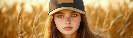 A confident teenage girl, glowing with health and vibrancy, stands amidst a golden wheat field Her modern style reflects her youthful energy and strength The setting sun bathes her in warm light, accentuating the beauty of her natural radiance AI Generativeの素材