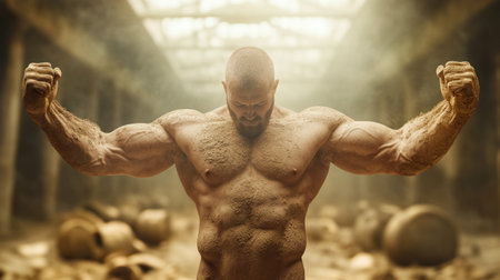 A commanding figure, bathed in warm beige tones, exudes confidence and strength His muscular physique, captured in dynamic photography, conveys power and an uplifting energy The image is a symbol of poise and calm, inspiring boldness and ambition AI Generativeの素材