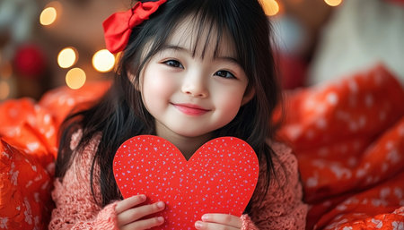 A sweet little girl, radiating joy, holds a heart-shaped card close to her chest Her beaming smile and innocent eyes capture the essence of love and tenderness This precious moment celebrates the special bond between a daughter and her family, a heartwarming testament to the magic of childhood and the AI Generativeの素材