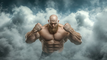 A powerful bald man, radiating resilience and inner strength, stands with unwavering determination His muscular physique, sculpted through years of dedicated bodybuilding, embodies fitness, power, and success His confident stance inspires motivation and strength, proving that with unwavering resolve, any goal can be achieved AI Generativeの素材
