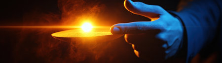 Under the stage lights, a magician's hand cradles a luminous object, its glow casting an ethereal aura Atop his head sits a classic top hat, while a wand rests in his other hand, poised to orchestrate the mystical performance unfolding before an enthralled audience AI Generativeの素材