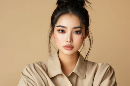 A confident Asian woman, radiant in a stylish beige outfit, exudes elegance and strength in a minimalist setting The portrait captures her poise, showcasing a modern aesthetic through impeccable fashion, makeup, and lighting The image embodies empowerment, self-confidence, and timeless beauty AI Generativeの素材