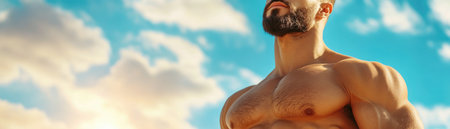 A stark, minimalist illustration captures the essence of strength and confidence A muscular man, rendered in bold lines, stands against a blank background His pose exudes power and control, leaving no room for doubt or distraction The simplicity of the design amplifies the impact of his physique, symbolizing unwavering resolve AI Generativeの素材