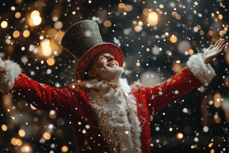Experience the wonder of classic magic as a skilled magician pulls surprises from their top hat This festive holiday performance is filled with entertainment and illusions, perfect for families and friends to enjoy the magic of the season AI Generativeの素材