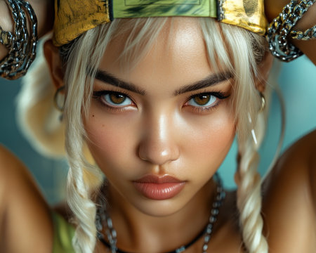 A woman, radiating strength and confidence, stands tall in a modern setting Her powerful pose and strong figure speak volumes of her resilience She embodies an unwavering spirit, defying limitations and embracing her individuality Her presence is a testament to the power of women in the contemporary world AI Generativeの素材