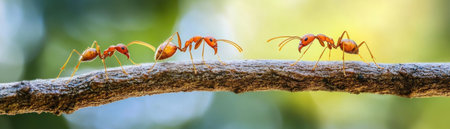 A trio of red ants, meticulously collaborating on a branch, embody the spirit of teamwork found in nature This close-up image captures the essence of unity and cooperation in the animal kingdom, showcasing the strength that comes from working together Their shared environment becomes a testament to the power of AI Generativeの素材