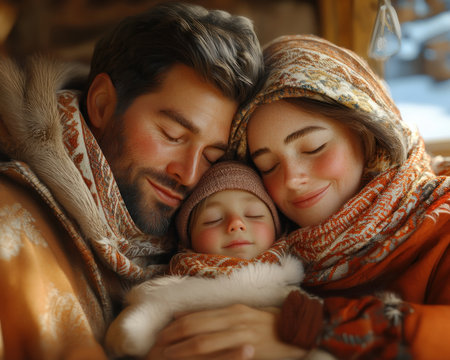 A family huddled close, their warmth radiating through the cozy atmosphere The image evokes a sense of security and love, as they find comfort in their shared space This heartwarming moment captures the essence of family unity, showcasing the joy of being together AI Generativeの素材