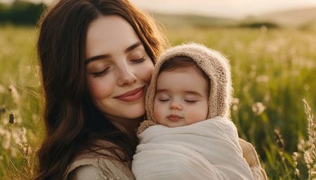Bathed in golden sunlight, a mother cradles her newborn in a field, their bond a testament to the power of maternal love The image captures the essence of nurturing intimacy, a tender moment of connection between mother and child The soft touch and gentle gaze speak volumes of the unspoken AI Generativeの素材