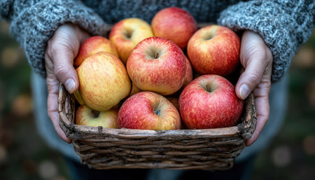 A vibrant scene unfolds in a picturesque apple orchard, where senior citizens revel in the autumn harvest Baskets overflow with crisp, juicy apples, a testament to the bounty of nature Laughter and conversation fill the air, as these active individuals celebrate healthy living and the joy of shared moments AI Generativeの素材