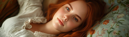 A young woman, radiating tranquility, lies nestled in her bed Soft light bathes the room, casting a warm glow on her peaceful features Lost in the embrace of her personal space, she savors a moment of complete relaxation, her worries melting away in the comforting warmth This is a sanctuary AI Generativeの素材