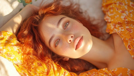 Bathed in warm sunlight, a young woman lies peacefully on her bed, her relaxed posture radiating comfort Her serene expression and natural beauty speak of tranquility The soft light and cozy surroundings create a restful atmosphere, inviting viewers to share in her peaceful moment AI Generativeの素材