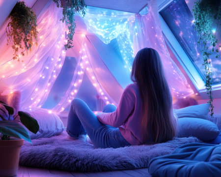 A young woman finds solace in her cozy bedroom, bathed in the warm glow of fairy lights and surrounded by lush greenery She relishes the peaceful atmosphere, embracing the tranquility of her personalized sanctuary The twinkling lights and vibrant plants create a haven of serenity, reflecting her desire for a AI Generativeの素材