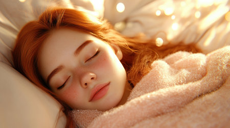 A young woman finds solace in the embrace of a cozy blanket, nestled in her bed Soft light bathes the scene, highlighting the serenity of sleep The air is filled with tranquility, promising rejuvenation and a peaceful escape from the world Every detail speaks of comfort and warmth, inviting viewers AI Generativeの素材