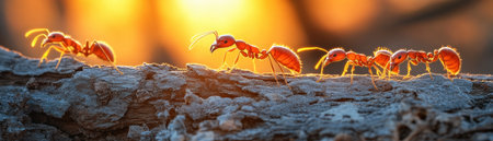 As the sun dips below the horizon, casting long shadows through the forest, a mesmerizing scene unfolds Tiny, industrious ants, their bodies glistening in the fading light, work in unison to carry a massive log, their collective strength overcoming the seemingly impossible task A close-up view reveals the intricate details AI Generativeの素材
