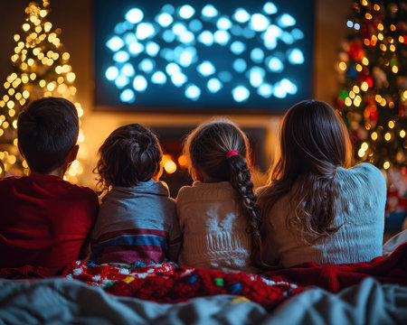 A warm glow illuminates the living room, where a family snuggles together on the couch Laughter and the gentle hum of a Christmas movie fill the air, creating a sense of warmth, security, and cherished holiday traditions The flickering fire in the hearth casts long shadows, adding to the cozy AI Generativeの素材