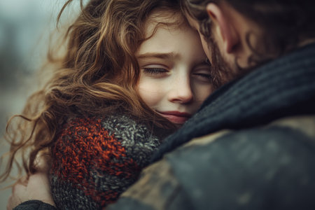 A father and daughter share a tender moment, their embrace radiating warmth and love The image captures the essence of family unity, highlighting the comfort and security found in their shared space The bond between them is palpable, a testament to the strength of familial connections AI Generativeの素材