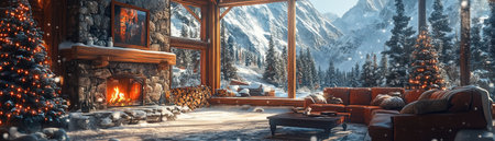 Escape to a cozy winter cabin retreat nestled amidst breathtaking mountain views Gather your family by the crackling fireplace, where warmth and security abound Relax and enjoy the tranquility of nature, creating unforgettable memories in this idyllic mountain haven AI Generativeの素材