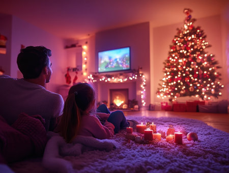 A warm, cozy living room, bathed in the glow of Christmas lights, is the perfect setting for a joyous family Christmas evening A crackling fire, a shimmering tree, and the love and laughter of loved ones create lasting memories, filled with the spirit of the holiday This is where family AI Generativeの素材