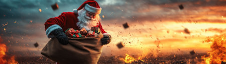 Against a dramatic backdrop of a fiery Christmas Eve sky, Santa Claus, radiating festive cheer, delivers joy and gifts to eagerly awaiting children The illustration captures the magic of Christmas, with Santa's sleigh soaring through the night sky, leaving a trail of twinkling lights and the promise of wonder AI Generativeの素材