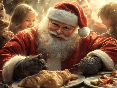 Santa Claus brings the magic of Christmas to life, sharing a joyful holiday feast with children Festive cheer fills the air as laughter and merriment echo through the room, creating a cherished Christmas tradition that will be remembered for years to come AI Generativeの素材