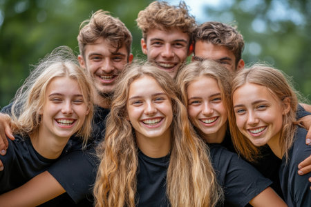 A vibrant team, united by laughter and mutual support, basks in the sunshine on a grassy field Their smiles radiate joy and success, reflecting a spirit of collaboration, trust, and shared goals This image embodies the power of teamwork, where individual strengths combine to achieve extraordinary results AI Generativeの素材