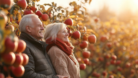 An autumnal tapestry of crimson and gold unfolds in a picturesque orchard, where a senior couple finds joy in apple picking Their laughter echoes through the crisp air as they carefully select plump, ripe fruit, savoring the simple pleasures of the season A moment of tranquility and shared happiness paints AI Generativeの素材