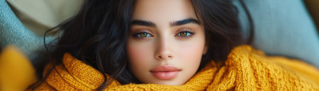 A young woman, radiating serene beauty, finds solace in a cozy knitted sweater The soft yarn envelops her, offering warmth and comfort Her gentle smile reflects a sense of tranquility, her eyes sparkling with inner peace This image captures the essence of cozy contentment AI Generativeの素材