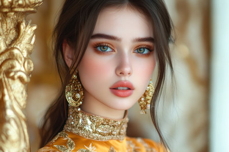 A captivating portrait captures a young woman radiating elegance in an ornament-inspired outfit Her festive and stylish attire is adorned with shimmering gold jewelry, complementing her striking beauty The intricate details and glamorous aesthetic offer a captivating blend of fashion inspiration and timeless allure AI Generativeの素材