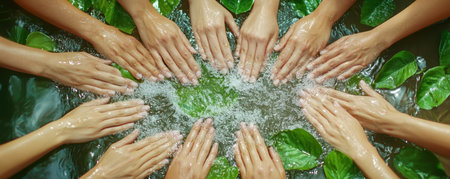 A united front for a greener future Hands clasped in unity, symbolize collaborative efforts to protect nature and foster sustainability This powerful image embodies shared responsibility for the environment, emphasizing the importance of teamwork in preserving our planet AI Generativeの素材