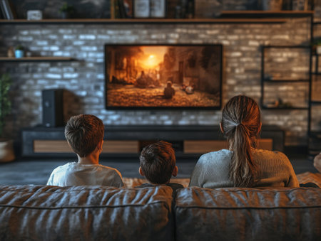 Gather the family for a cozy evening of movie magic! Snuggle up on the couch, share laughter and popcorn, and create lasting memories It's the perfect opportunity to bond with loved ones and enjoy quality time together in the comfort of your home AI Generativeの素材