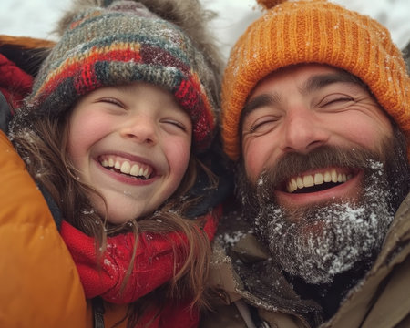 A joyous winter scene unfolds as a loving family embraces the snowy landscape, their laughter echoing through the crisp air Wrapped in warmth and each other's embrace, they find safety and comfort amidst the white wonderland, creating precious memories that will last a lifetime AI Generativeの素材