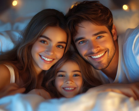 A family radiates joy, snuggled together in their cozy bed Their smiles are genuine, reflecting the warmth and security that surrounds them The home atmosphere is one of comfort and contentment, a haven where love and laughter intertwine AI Generativeの素材