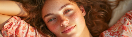 A serene young woman finds solace in a cozy haven Wrapped in soft linens, she rests peacefully on a bed, her gentle presence radiating calm The intimacy of her personal space is palpable, offering a sanctuary of tranquility The scene whispers of quiet contemplation and a moment of blissful escape AI Generativeの素材