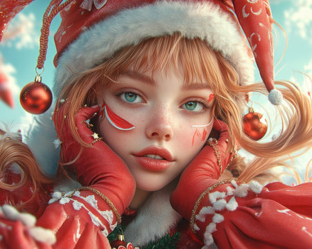 A captivating portrait transports you to a Christmas fantasy A young woman, radiant in a festive red ensemble, is adorned with intricate details inspired by Christmas ornaments Her beauty and the celebratory spirit of the season intertwine, creating a magical and unforgettable scene AI Generativeの素材