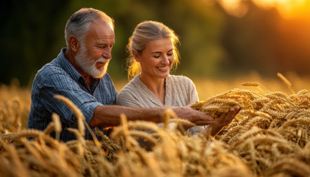 A loving senior couple basks in the golden glow of an autumn wheat field, their faces beaming with joy as they celebrate the bounty of the harvest The scene captures the essence of a happy retirement, filled with rural tranquility and the simple pleasures of life The golden hour light AI Generativeの素材