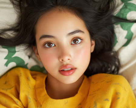 A young woman, bathed in the golden glow of afternoon sunlight, lies peacefully in bed Her relaxed posture and gentle smile speak of contentment The warmth of her blankets and the quietude of the room create a haven of tranquility, where she can fully embrace the joy of personal space AI Generativeの素材
