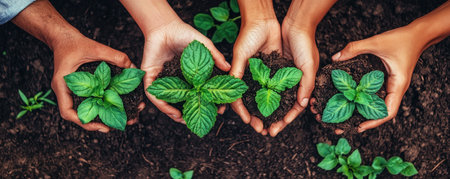 Together, we can achieve environmental sustainability This image captures the spirit of teamwork, as hands plant saplings, representing a collective effort to create a greener future Collaboration is key, fostering a shared dream of a healthier planet for generations to come AI Generativeの素材