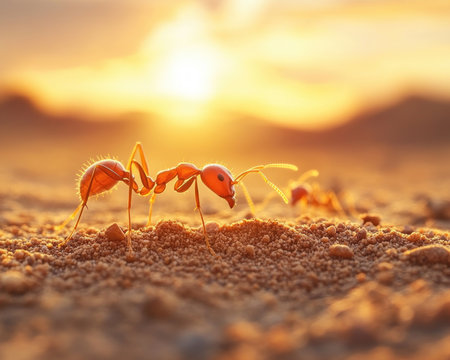 A mesmerizing close-up reveals the incredible teamwork of tiny ants in their harsh desert habitat Witness their collaborative strength as they navigate the challenges of survival This macro photograph captures the beauty and resilience of these remarkable creatures, showcasing their adaptability in the golden hour light AI Generativeの素材