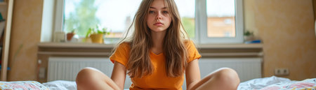 A young woman, radiating contentment, sits on her bed bathed in natural light Her serene expression and cozy surroundings speak of peace and tranquility The bedroom, a haven of comfort and simple living, reflects a minimalist lifestyle and a sense of calm that resonates throughout the space AI Generativeの素材