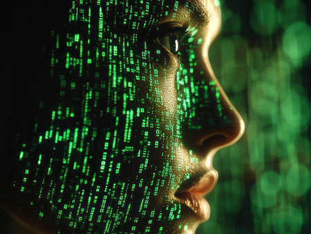 This image depicts the fusion of artificial and algorithmic intelligence, symbolized by a human head enveloped in binary code It represents the potential for AI to augment and even surpass human cognitive capabilities, ushering in a future where technology and intellect intertwine AI Generativeの素材