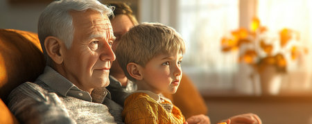 In the cozy sanctuary of their home, a grandfather and grandson share a tender moment Their connection speaks volumes of familial love, providing a haven of security and warmth The scene captures the timeless bond between generations, painted with the gentle hues of shared laughter and understanding AI Generativeの素材