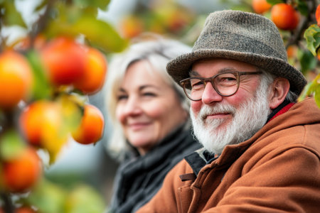 A heartwarming image captures a senior couple basking in the beauty of autumn Surrounded by a vibrant orchard bursting with harvest, they exude joy and contentment The photograph celebrates the simple pleasures of life, showcasing the connection between nature, age, and a fulfilling lifestyle AI Generativeの素材