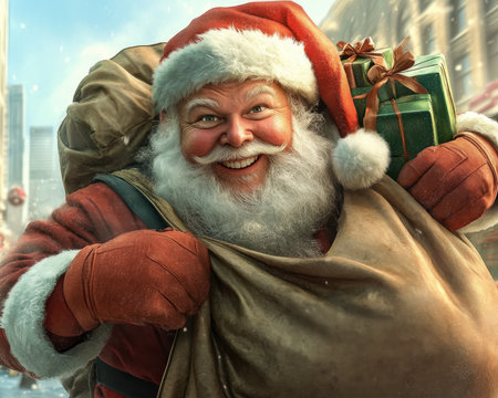 Santa Claus, a beacon of Christmas cheer, stands with his magical bag overflowing with gifts The air crackles with winter wonder, as he embodies the spirit of Christmas Eve, ready to deliver joy and fulfill Christmas wishes The magic of the season shines in his eyes, a testament to the AI Generativeの素材