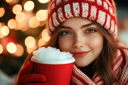 A radiant young woman basks in the glow of festive lights, embracing the cozy warmth of a winter holiday Wrapped in comfort, she savors a steaming drink, her eyes sparkling with contentment The scene exudes a sense of peace and joy, capturing the essence of a well-deserved winter escape AI Generativeの素材