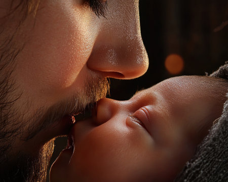 A tender, close-up portrait captures the pure love between a father and his newborn baby The image is filled with warmth, affection, and a sense of new beginnings The father's gentle kiss on the baby's forehead symbolizes the profound bond they share, a timeless testament to the power of parental AI Generativeの素材