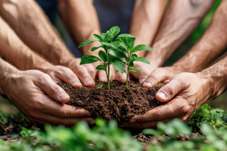 Hands safeguarding young plants embody the power of teamwork in environmental conservation This image symbolizes our collective effort towards a sustainable future By working together, we can foster growth, protect biodiversity, and combat climate change for a healthier planet AI Generativeの素材