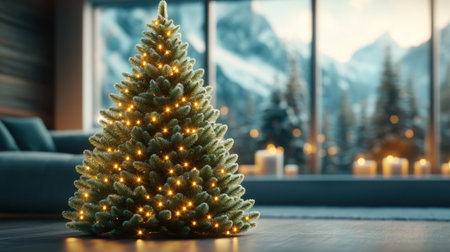 A warm and inviting living room scene unfolds, showcasing a beautifully decorated evergreen Christmas tree The festive ambiance is heightened by the breathtaking mountain view and flickering candlelight, creating the perfect setting for holiday cheer Cozy and inviting, this space embodies the essence of the season AI Generativeの素材