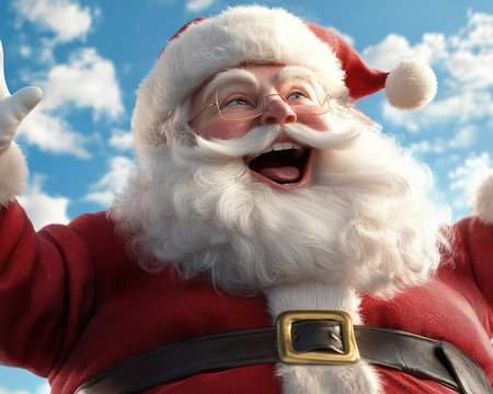This captivating image features a jolly Santa Claus radiating holiday cheer against a pristine white backdrop His infectious smile and twinkling eyes embody the spirit of Christmas, making it ideal for crafting festive cards, decorations, and other celebratory materials AI Generativeの素材