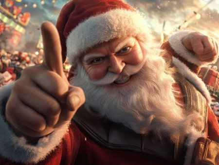 Jolly Santa Claus, with a beaming smile, delivers presents, spreading Christmas cheer and festive holiday spirit His generous heart and infectious joy embody the true spirit of the season, making him a beloved symbol of giving and happiness AI Generativeの素材
